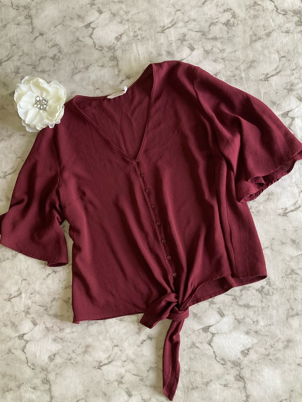Lush Burgundy Tie-Front V-Neck Blouse